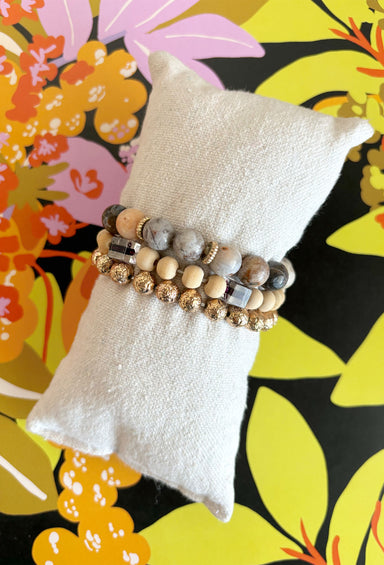 Never A Doubt Bracelet Set, tan, grey, and gold beaded bracelet set