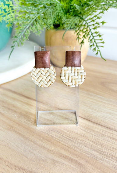 One Step Ahead Earrings, square dark wash wooden post back with wooden light wash woven circle on the bottom 