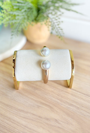 When In Doubt Pearl Bracelet, gold half cuff bracelet with big white pearls on the ends 