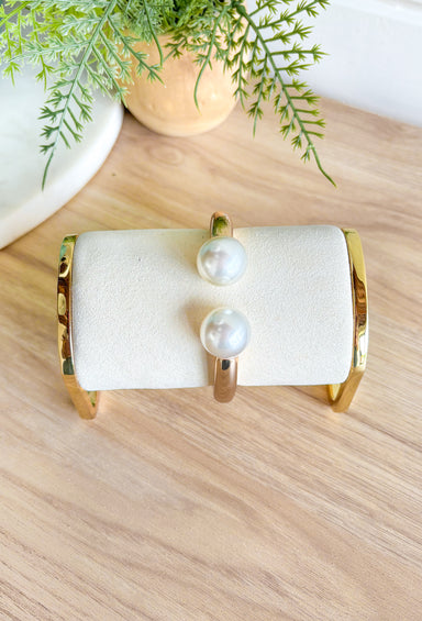 When In Doubt Pearl Bracelet, gold half cuff bracelet with big white pearls on the ends