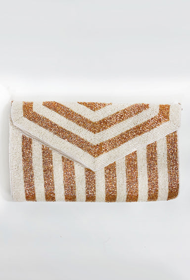 A Night Out Beaded Clutch in White, white and gold striped beaded clutch