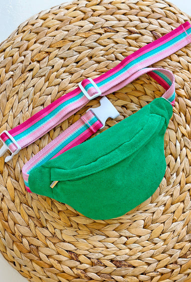 Avery Belt Bag in Green, pink belt bag with rainbow strap and clip closure