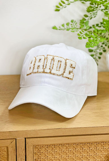 Bride Baseball Cap, white baseball cap with gold bride lettering