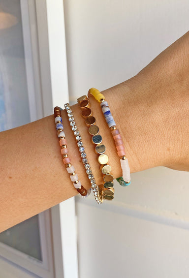 Buzz of the Town Bracelet Set in Multi, set of 4 bracelet set, multi colored beads, gold circle beads