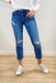 Carlene Mid-Rise Stretch Straight Jeans, medium washed jeans, mid rise, distressing at the knees and by pocket