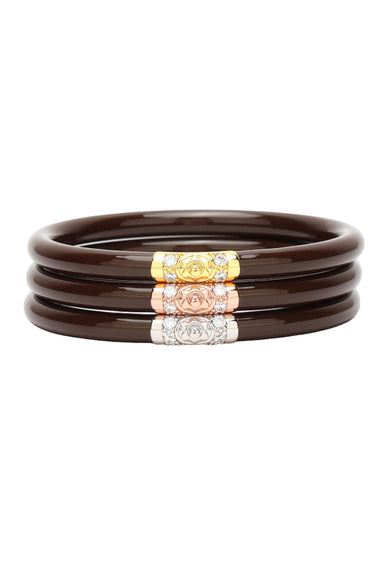 BUDHAGIRL Three Kings All Weather Bangles in Chocolate, brown set of 3 bangles, one with a gold metal, rose gold  metal and silver metal