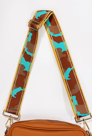 Crossbody Bag Shoulder Strap in Turquoise Camo, camo design with turquoise and brown, gold hardware