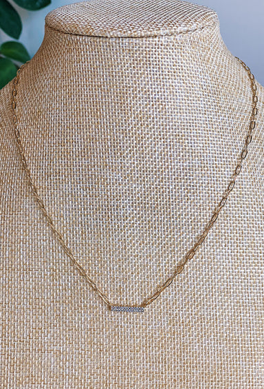 Demi Double Bar Necklace, 16" gold mini chain is accompanied by a crystal pavé double bar pendant