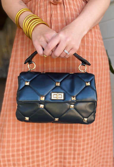 Fashion Talks Stud Handbag, black quilted handbag, gold studs, removable crossbody strap, twist lock