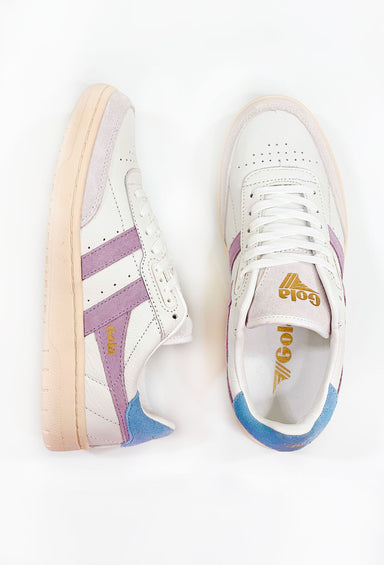 Gola Falcon Sneakers in Lily, white sneakers with purple and blue fabric detail