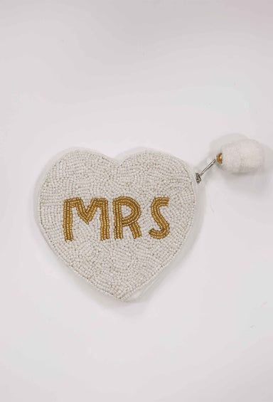 Heart Shape Mrs. Beaded Pouch, beaded heart shaped coin pouch with Mrs in gold beads