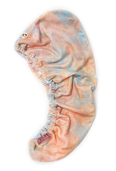 Kitsch Microfiber Hair Towel in Sunset Tie Dye, orange pink and blue tie dye microfiber hair towel with button clasp