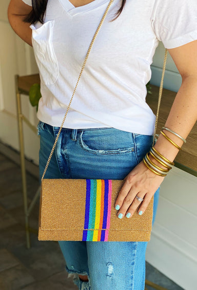 Party Time Beaded Clutch, gold beaded clutch with stripes down middle, dark blue, yellow, orange and pink