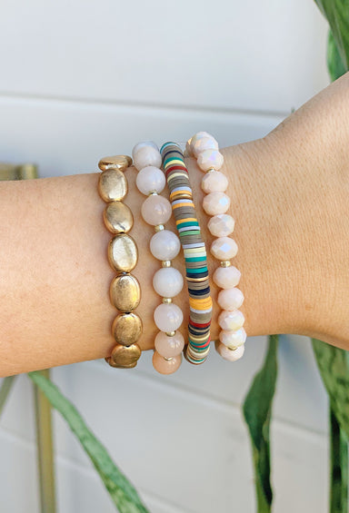 Perry Bracelet Set in Peach, set of 4 bracelets, gold peach and multi colored disc