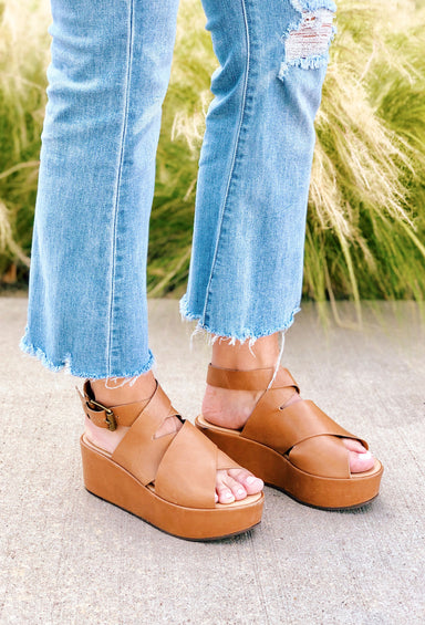 Runaway Platform Sandals in Tan, leather platform shoes with ankle buckle