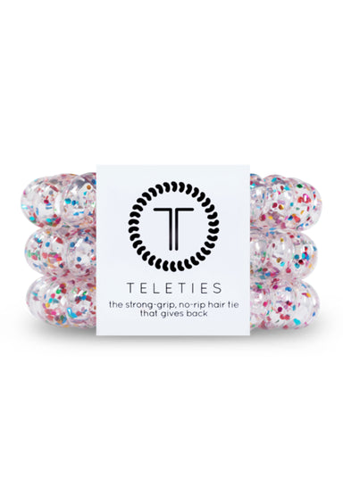 TELETIES Large Hair Ties - Party People, clear coil hair ties with rainbow confetti glitter inside