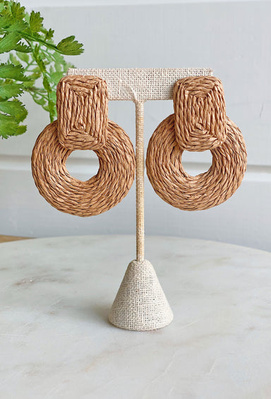 Truly Tropical Earrings in Tan, wrapped raffia earrings, square post with circle drop detail