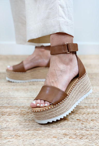 Tuckin Espadrille Platform Sandal, espadrille sandal with brown leather strap across toes and around ankle