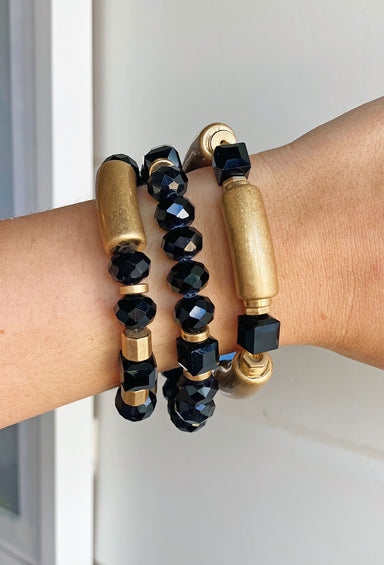 You are Loved Bracelet Set in Black, set of 3, pull on styling, black and gold beads