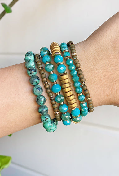 Zoey Bracelet Set in Turquoise, set of 6, turquoise colored beads mixed with gold