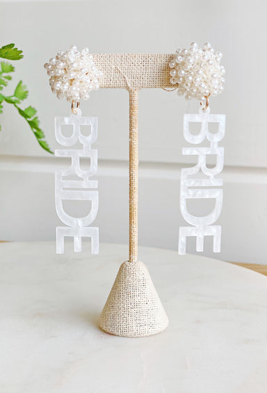 Bride Pearl Earrings, white acrylic bride earrings with a cluster go pearl beads at the top