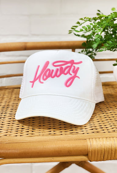 Charlie Southern: Howdy Trucker Hat, white trucker hat with white mesh backing, adjustable strap, pink howdy decal