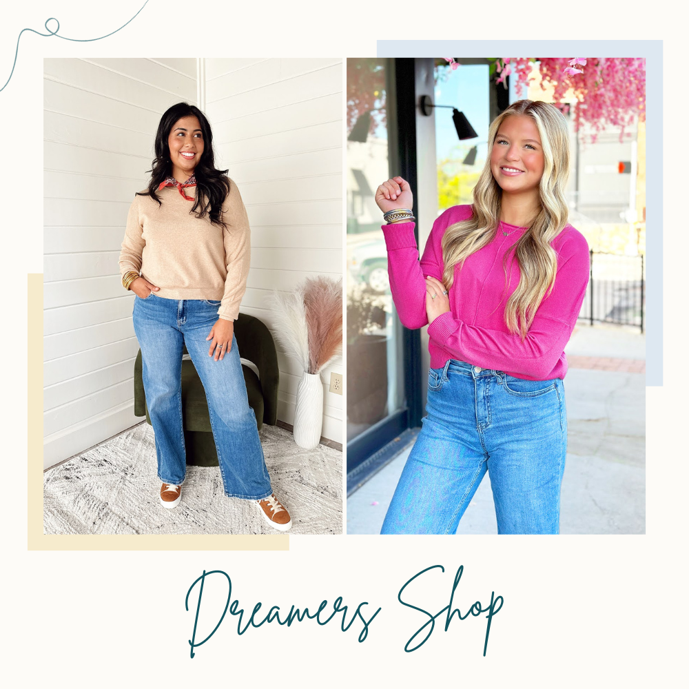 Dreamers Shop: The softest sweaters that ever existed. Light-weight, cozy and perfect for layering. Shop our Dreamers sweaters in an assortment of colors and styles. Model wearing an oatmeal sweater with jeans and sneakers. Model wearing a pink Favorite sweater and jeans.