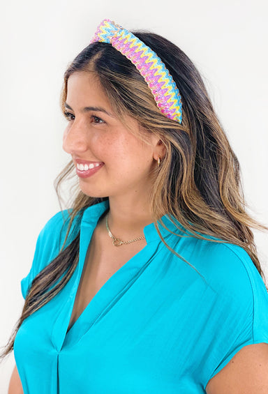 Alexis Woven Headband in Tan, colorful raffia headband