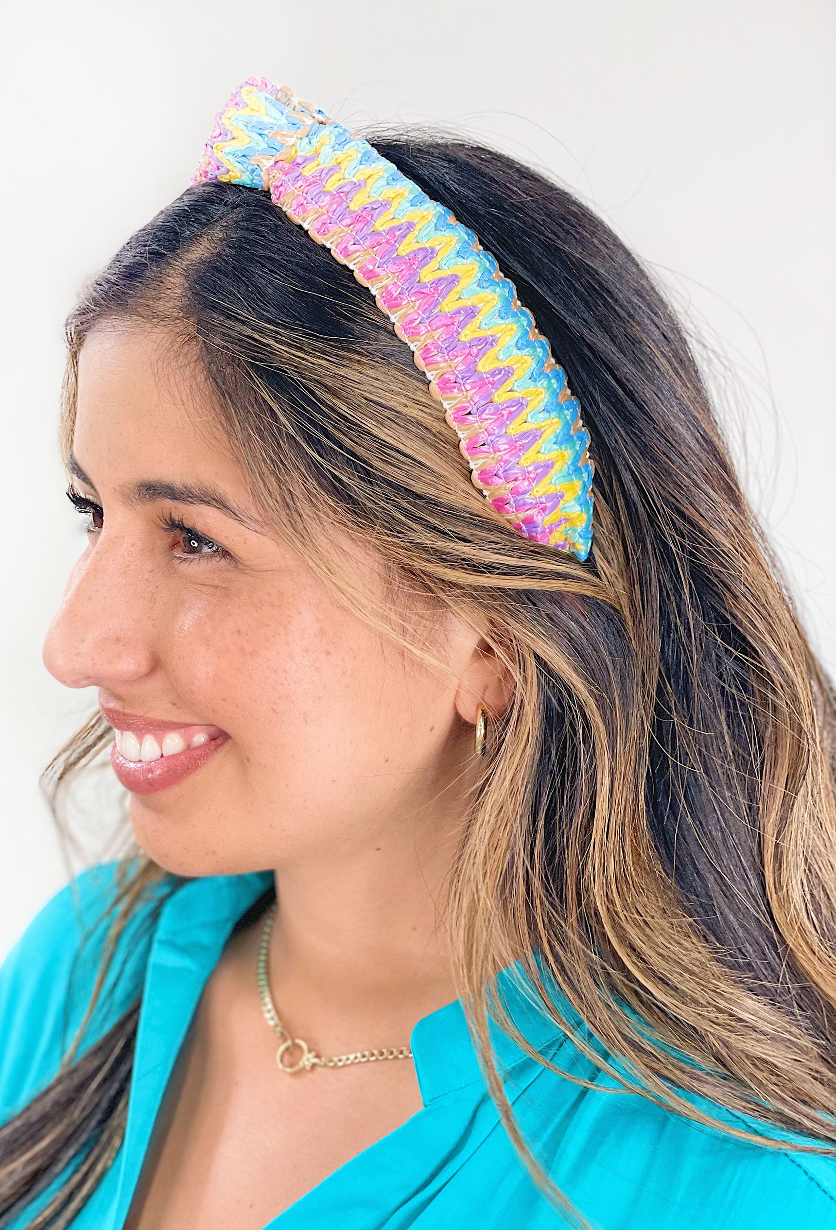 Alexis Woven Headband in Tan, colorful raffia headband