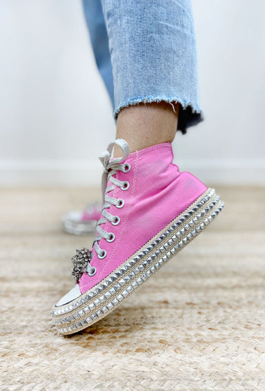Ash High Top Pink Sneakers, pink high tops with rhinestone attachment at the top and silver studs on the base of the shoe