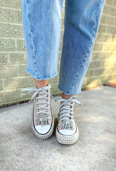 Ash High Top Khaki Sneakers, Khaki high top with silver brush strokes on the canvas of the shoe, studded sole, silver jewel attachment on the top of the toe