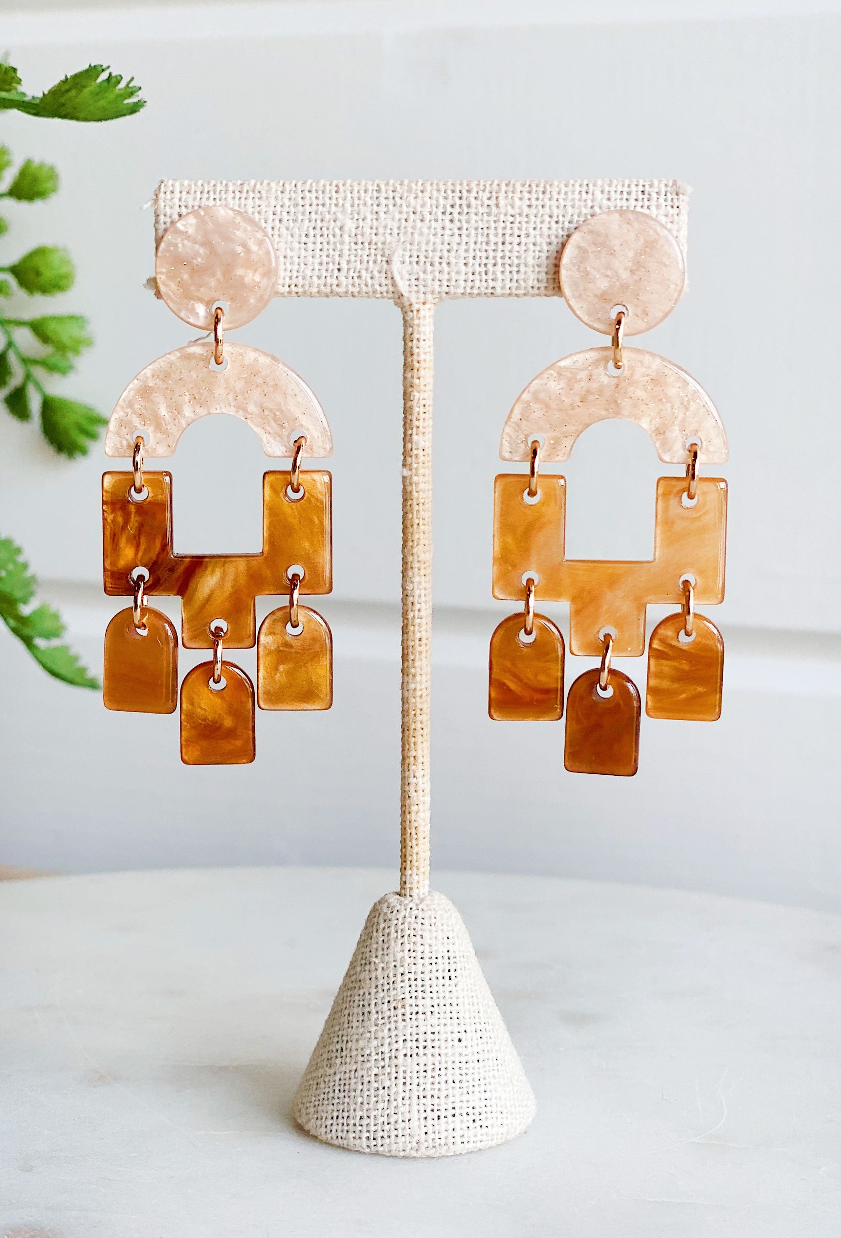 Back to You Earrings, neutral abstract arch drop, beige and tortoise brown colored resign