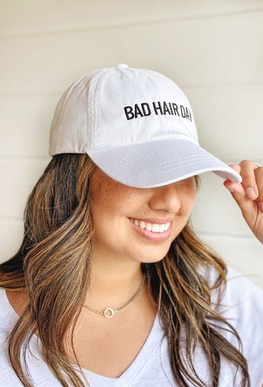 Friday + Saturday, Bad Hair Day Baseball Cap, White hate with black embroidered lettering