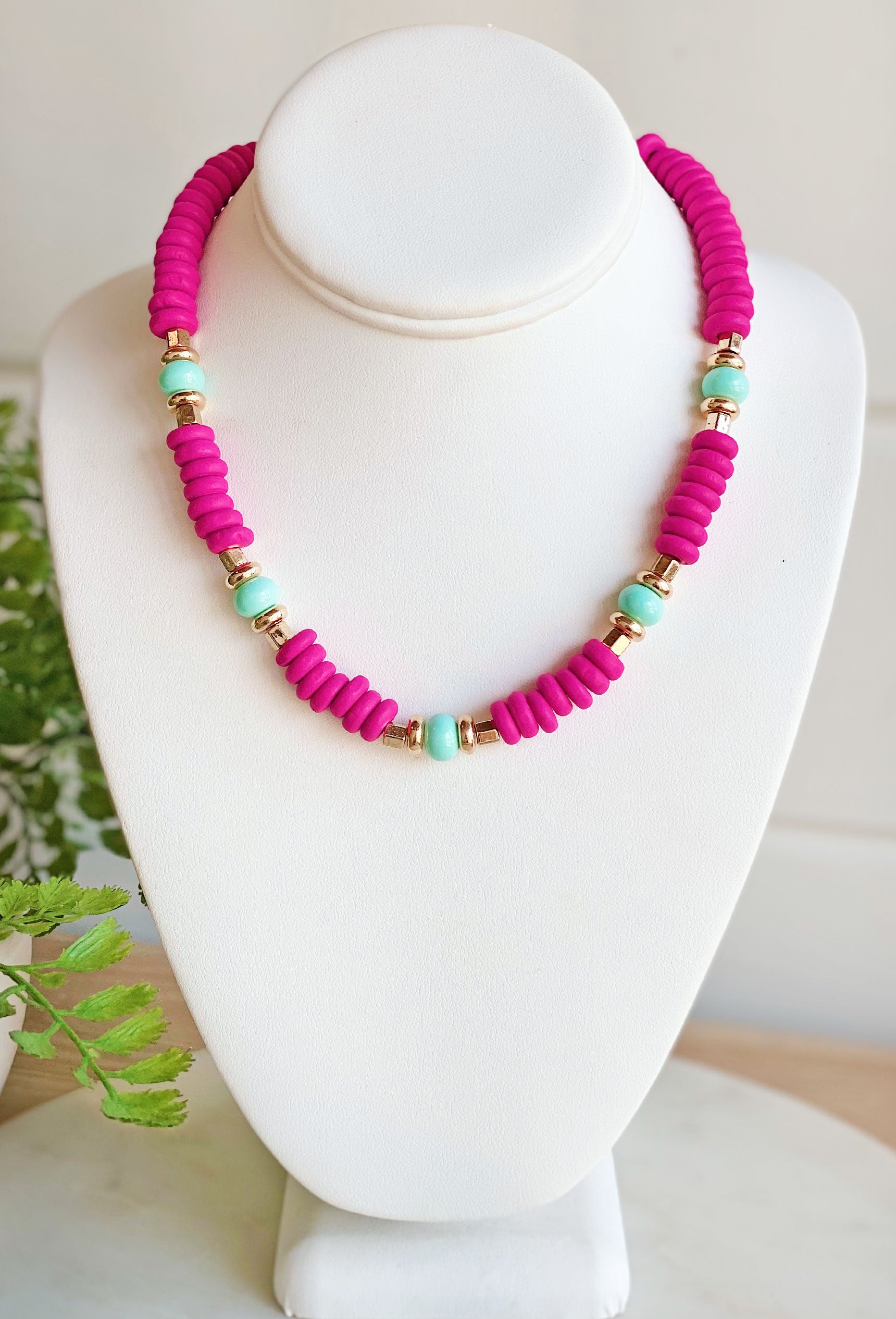 Beautiful Soul Beaded Necklace, pink beaded necklace mixed with gold and mint colored beads