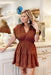 Better With You Dress, Brown cinched short sleeve v-neck dress with mocked cinching at the waist line and a tiered bottom