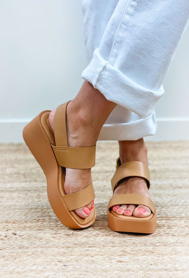 Blooming Tan Platform Sandals, Tan platform wide strap sandal, Tan wedge with two wide strap and buckle