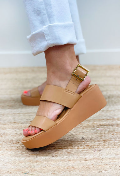 Blooming Tan Platform Sandals, Tan platform wide strap sandal, Tan wedge with two wide strap and buckle