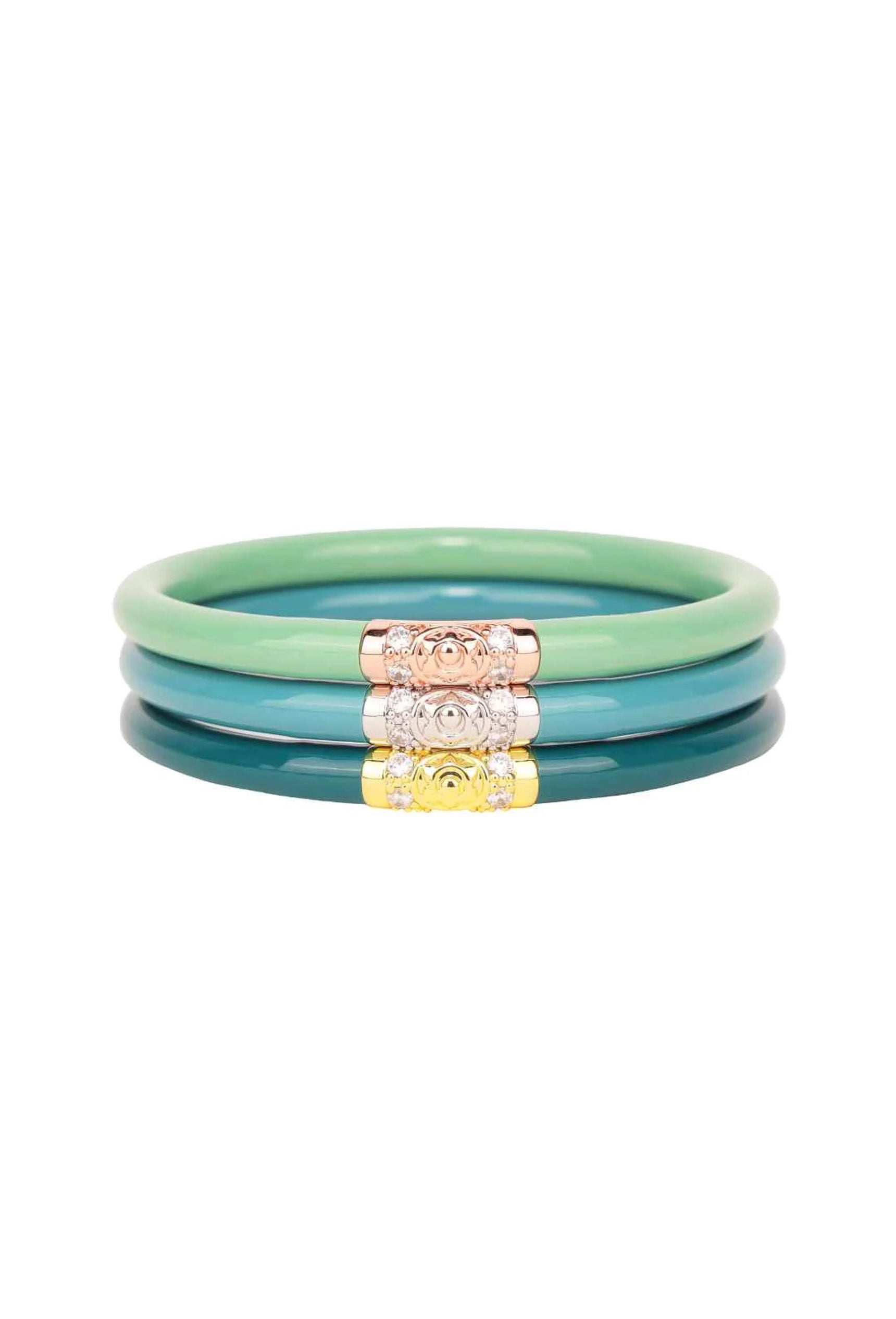 BUDHAGIRL Three Kings All Weather Bangles in Fjord, Set of three angels in three shade of green.