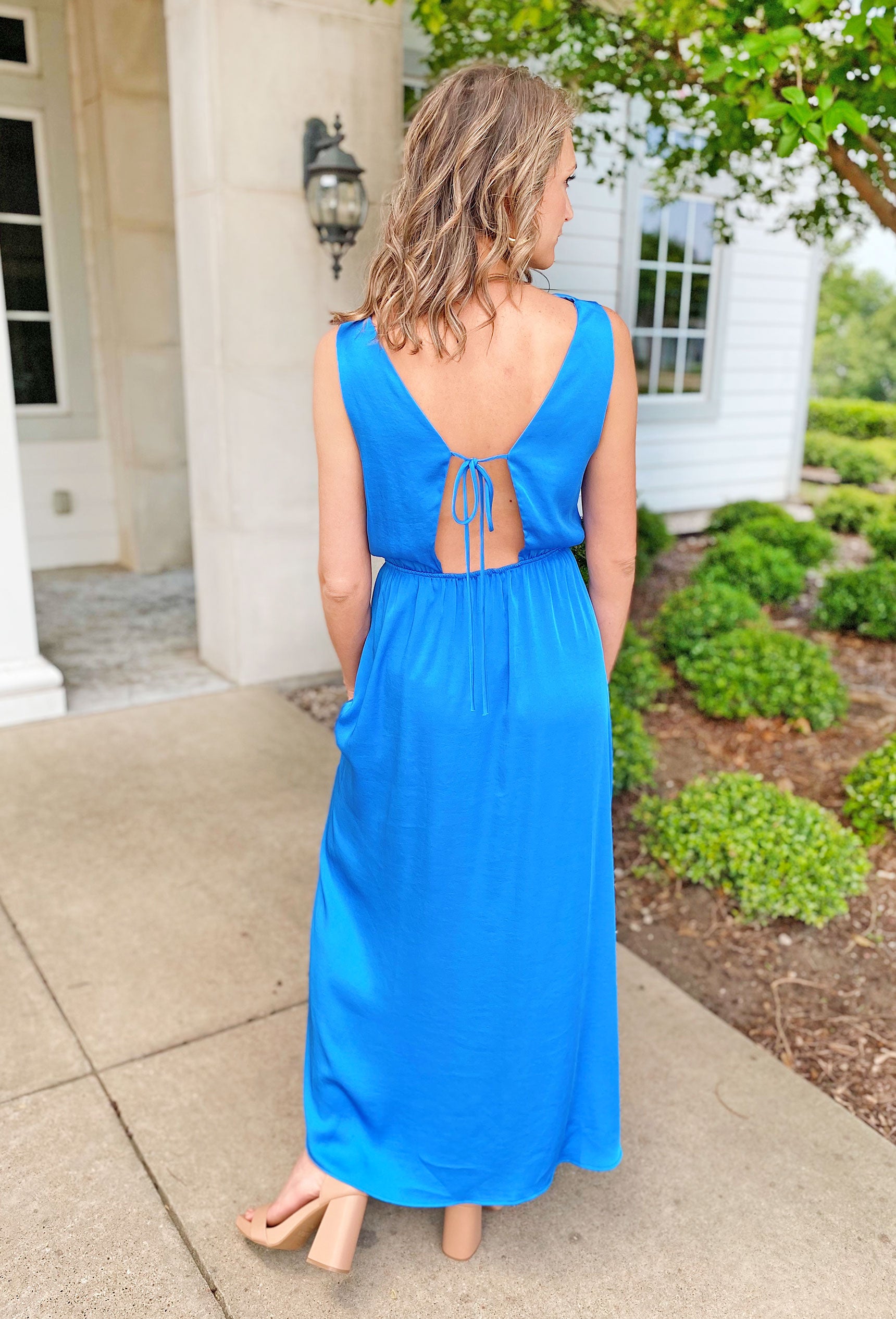 Caught In A Moment Dress, blue maxi dress with asymmetrical slit, open back