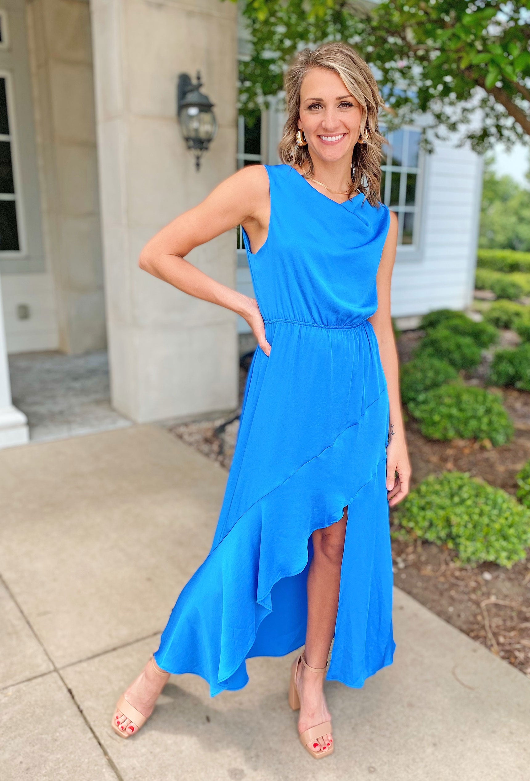 Caught In A Moment Dress, blue maxi dress with asymmetrical slit, open back