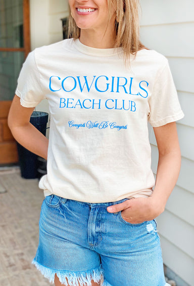 Charlie Southern: Cowgirls Beach Club T-Shirt, cream t shirt with blue lettering