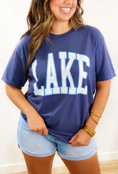 Charlie Southern: Lake Graphic Tee in Blue, blue tee with the word "lake" on front
