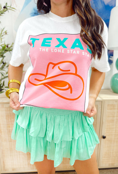 Charlie Southern: The Lone Star State T-Shirt, white t-shirt with pink box graphic and teal "texas", white "lone star state", and orange cowboy hat graphic