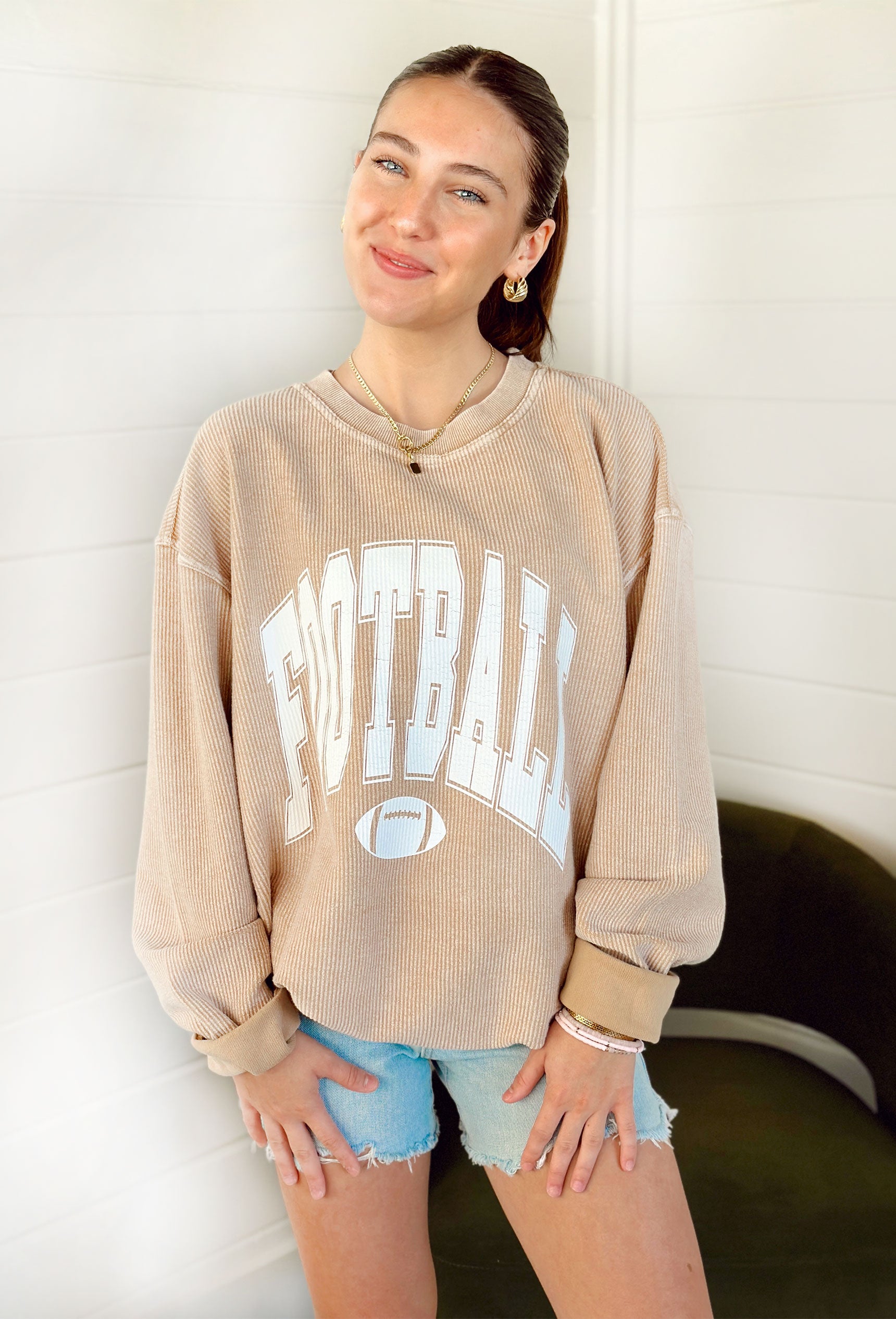 Charlie Southern: Football Corded Crew, beige corded crewneck with "football" in white varsity font and a football graphic in white