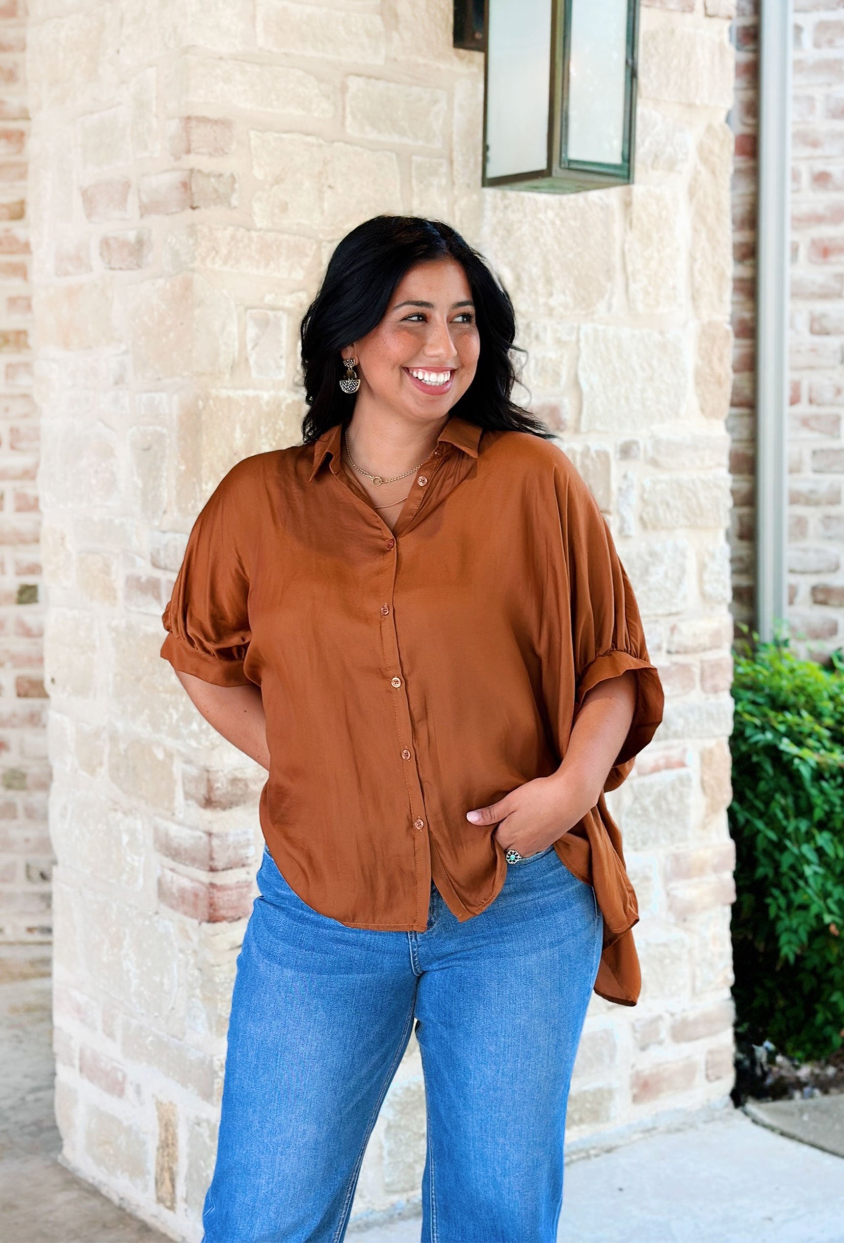 Ella Button Up Top in Brown, oversized brown button up top
