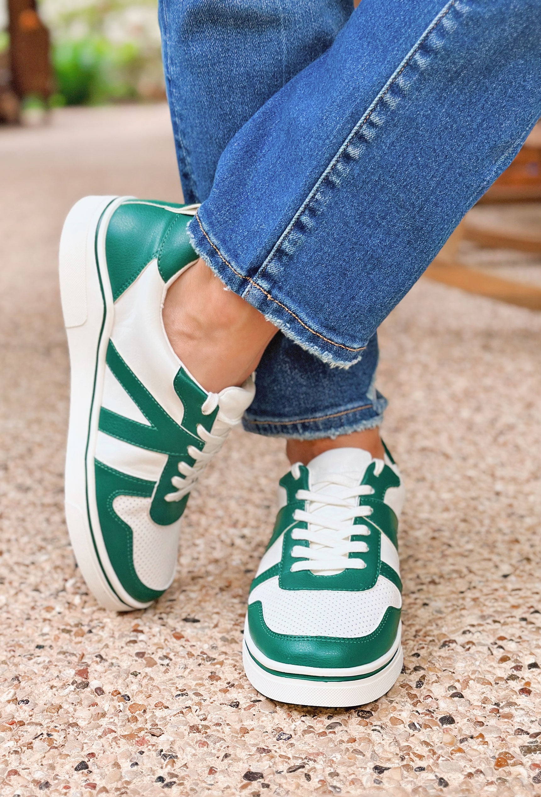 Eva Faux Leather Sneaker, White and hunter green sneakers