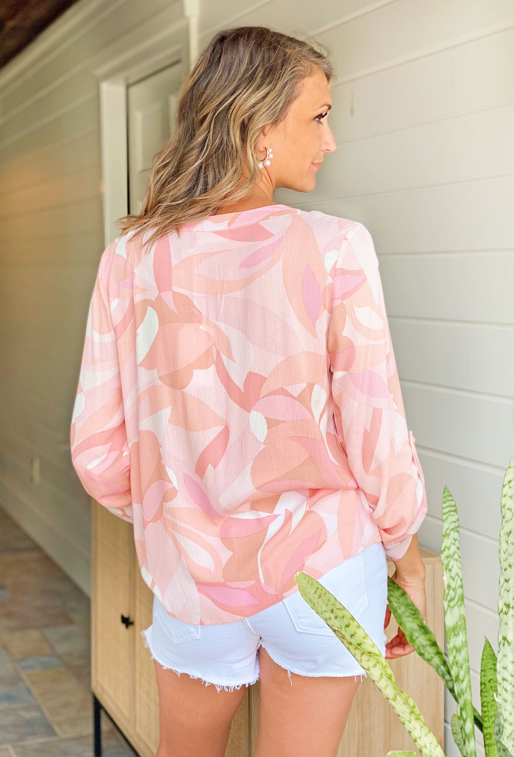 Ever So Sweet Blouse, Pink abstract print blouse, Featuring long sleeves and a V neckline