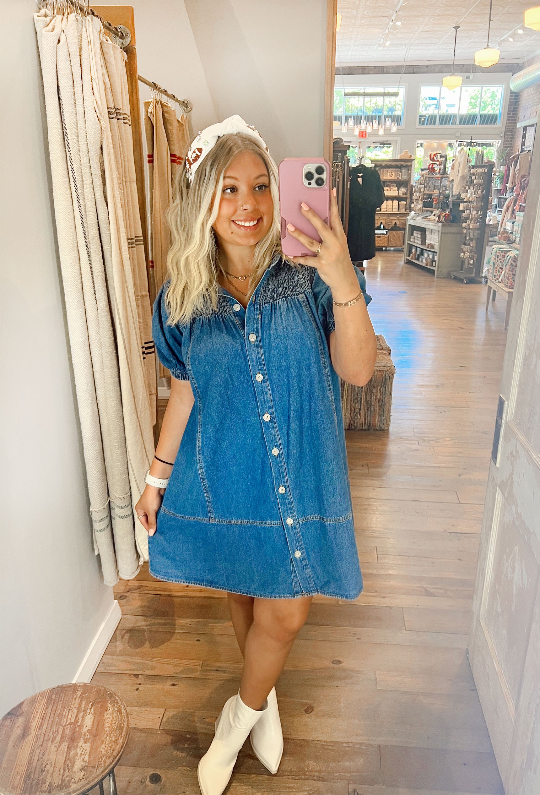 Western Skies Denim Dress, Denim button up baby doll mini dress with puff sleeves, cinching on the shoulders, and a collar
