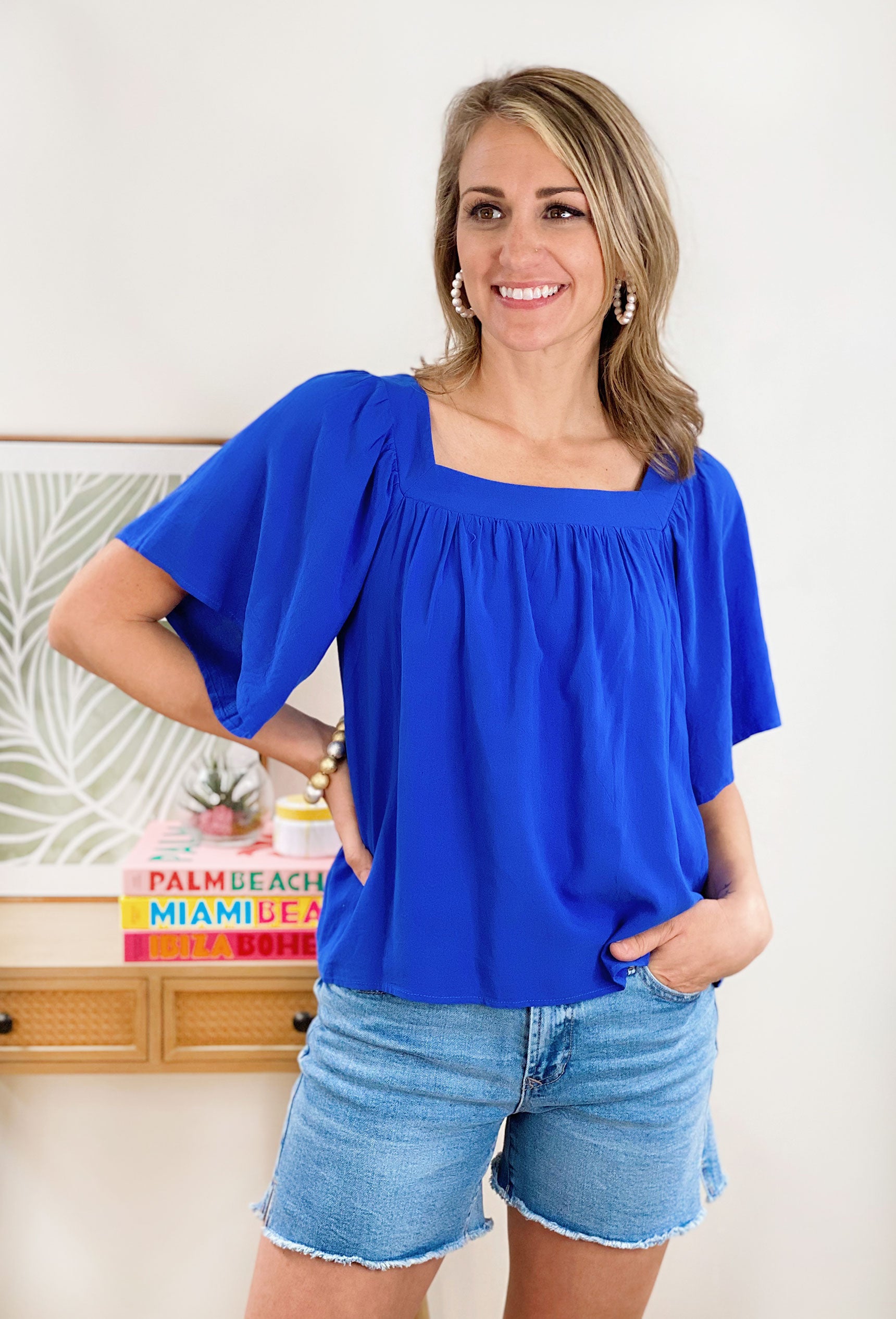 Farmers Market Top in Blue, square neckline, pleated detailing around neck