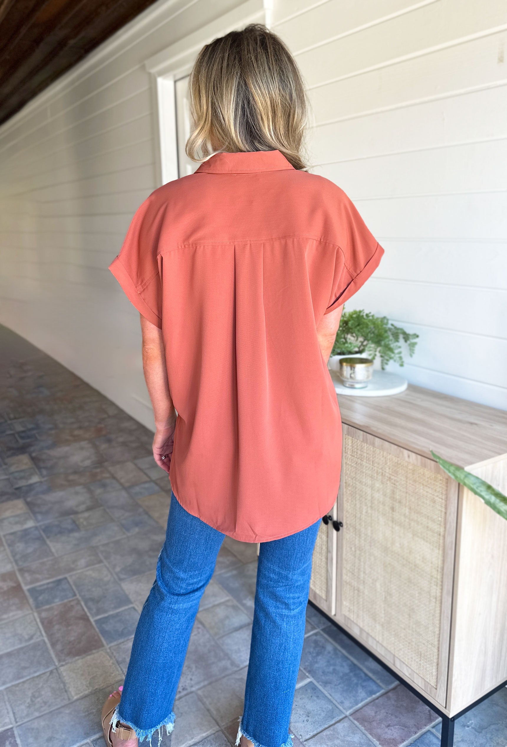 Fast Forward Button Up Top, Terracotta short sleeve button up with front pocket and roller sleeves